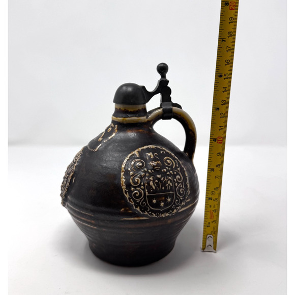 Vintage German Salt Glaze Stoneware Jug w/ Pewter Lid 6.5” Coat of Arms Marked 9 - Picture 8 of 16